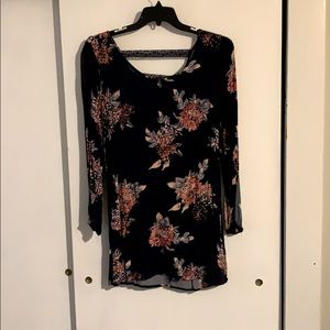 Navy floral dress, open back, long open sleeves